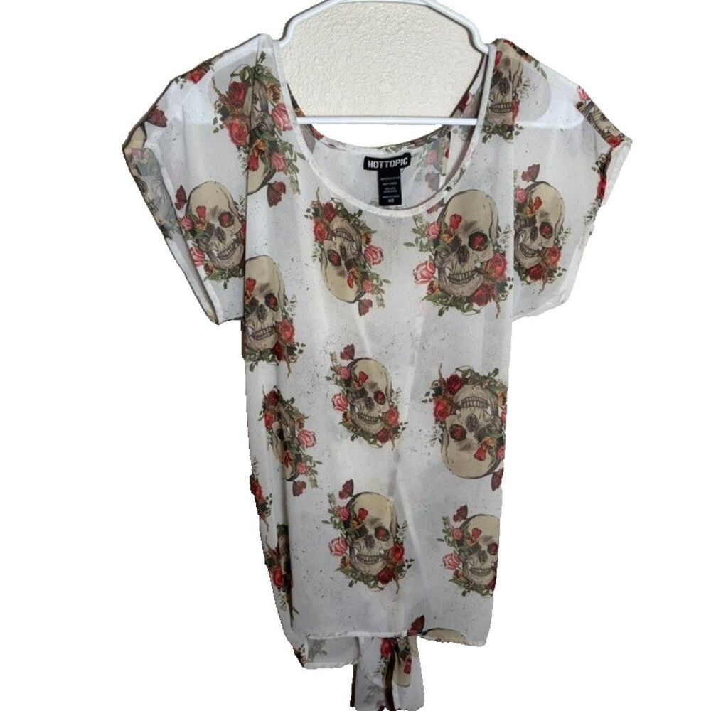 Hot Topic Blouse Women's Medium Round Neck Skull Short Sleeve Sheer Top